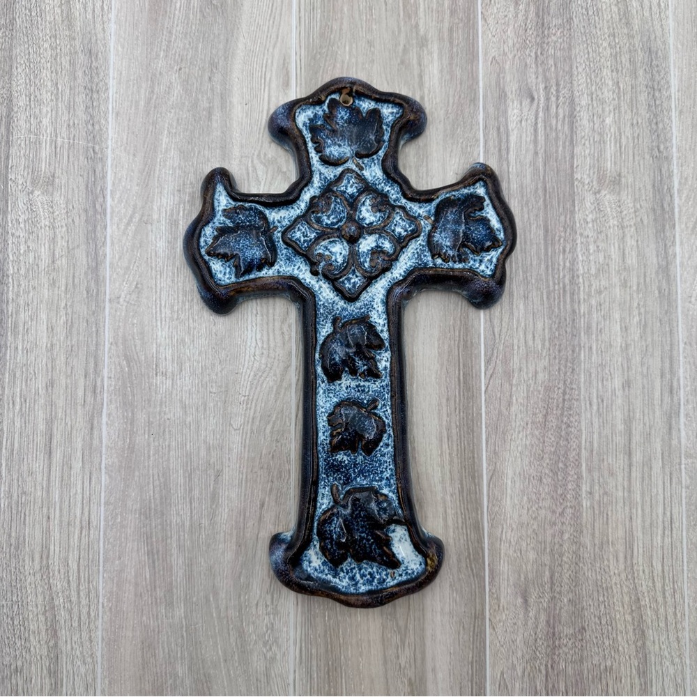 Blue Handcrafted Ceramic Wall Mounted Cross Boho Leaves Motif 10”